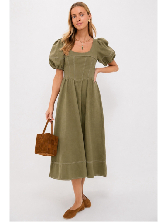 Moon River Dresses & Skirts - Moon River Olive Green Puff Sleeve Corset Midi Dress M Cottage Prairie Fields